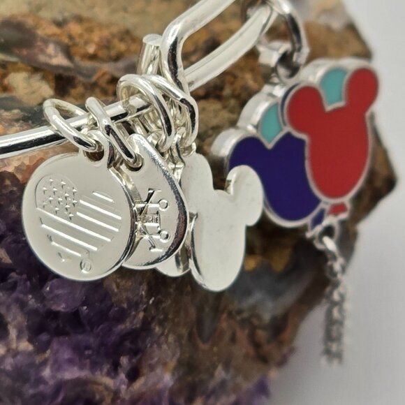 Alex And Ani Mickey Mouse Balloons Charms & Chain Detail Silver Bangle Bracelet - Picture 4 of 7